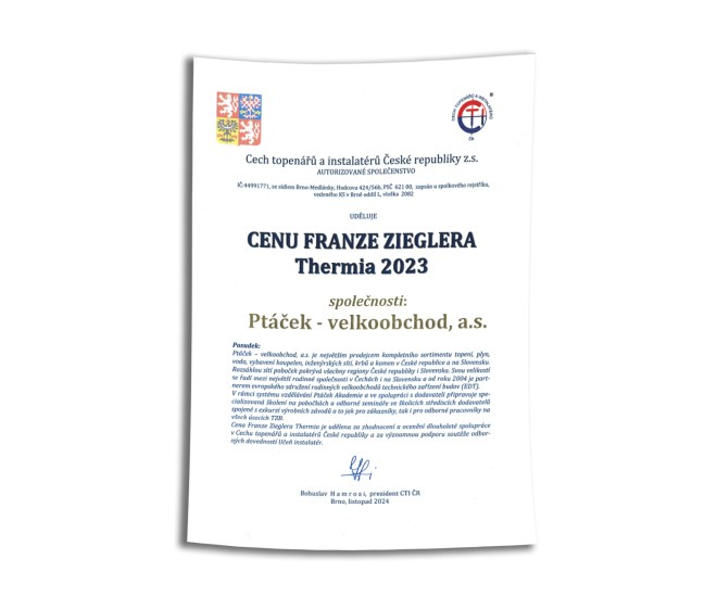 Prestižní oborové ocenění Thermia získala firma Ptáček